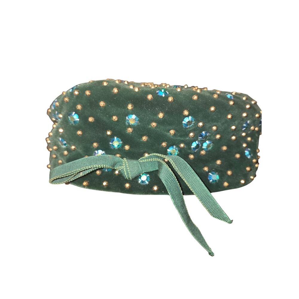 Vintage William Silverman Halle Brothers Company Green Pill Box Hat Sequins - Picture 2 of 6